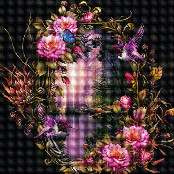 Diamond Painting mit Waldsee, Rosenkranz, Kolibris und Schmetterlingen im romantischen Fantasy-Stil. Mockup.