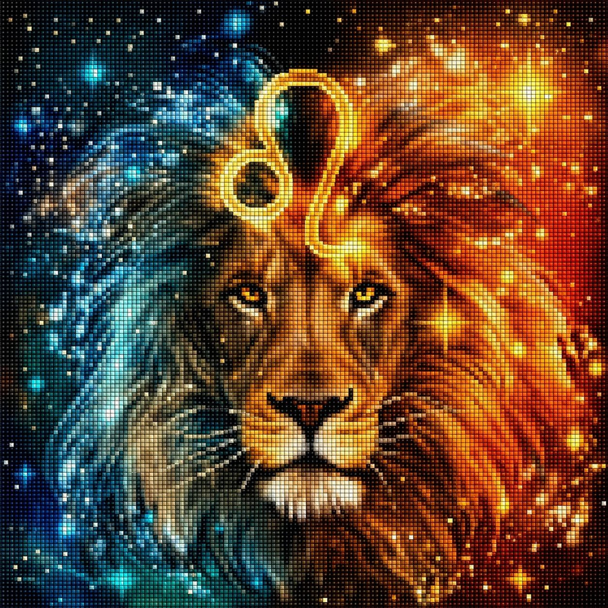 Diamond Painting Löwenkopf mit goldenem Löwe-Symbol und geteilter türkis-orangefarbener Mähne. Mockup.