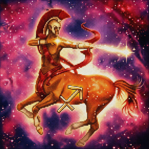 Diamond Painting Zentaur mit Bogen als Symbol des Sternzeichens Schütze vor kosmischem Hintergrund. Mockup.