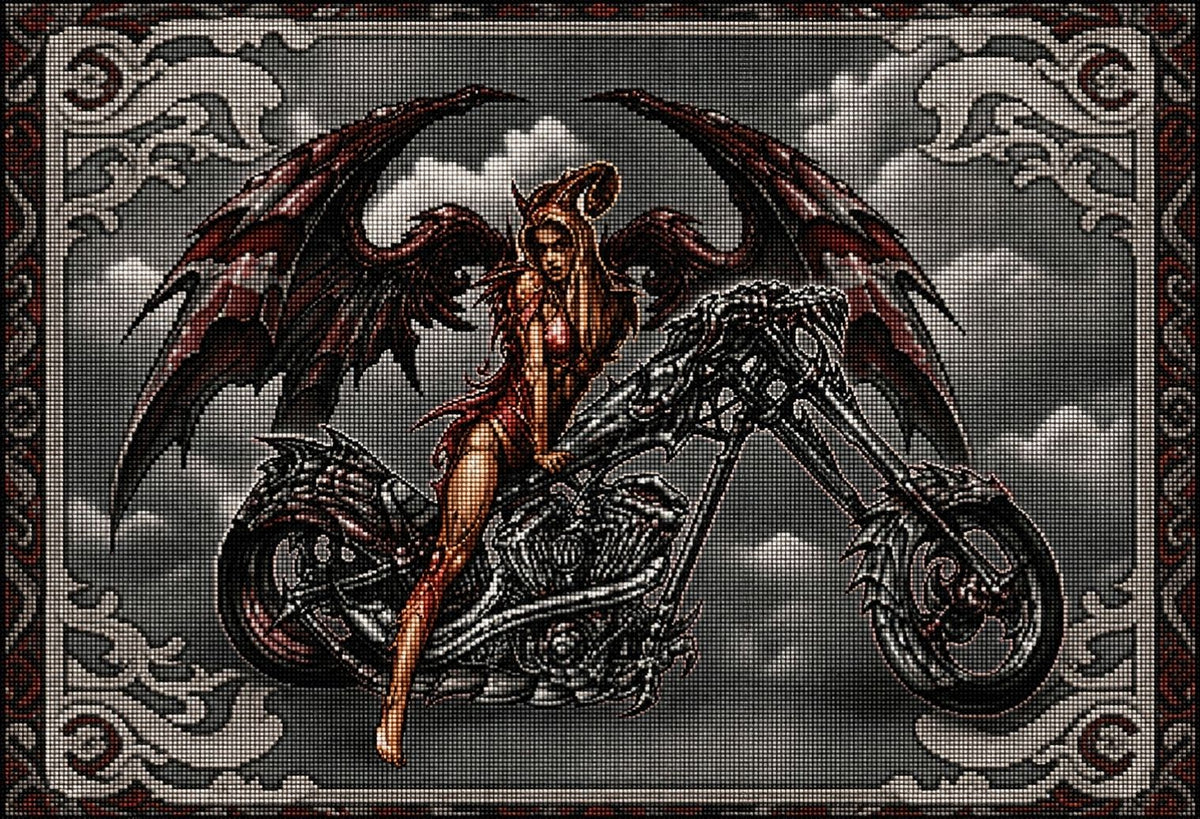 Diamond Painting einer geflügelten Frau mit Hörnern auf einem Motorrad in Drachenoptik auf grauem Grund. Mockup.