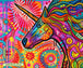 Buntes Diamond Painting eines Einhorns im Pop-Art-Stil mit neonfarbenen Mustern und abstrakten Kreisen. Mockup.