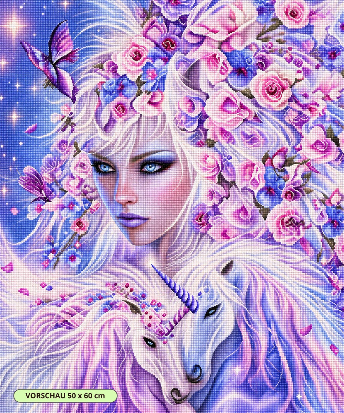 Diamond Painting einer Frau mit Blumen im Haar, die zwei kleine weiße Einhörner im Arm hält.  Mockup.