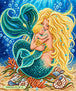 Farbenfrohes Diamond Painting einer Meerjungfrau, die ihr Baby unter Wasser im Arm hält, umgeben von Muscheln und Korallen. Mockup.