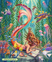 Diamond Painting einer Meerjungfrau, die am Meeresgrund in einem Buch liest, umgeben von Fischen und Korallen. Mockup.