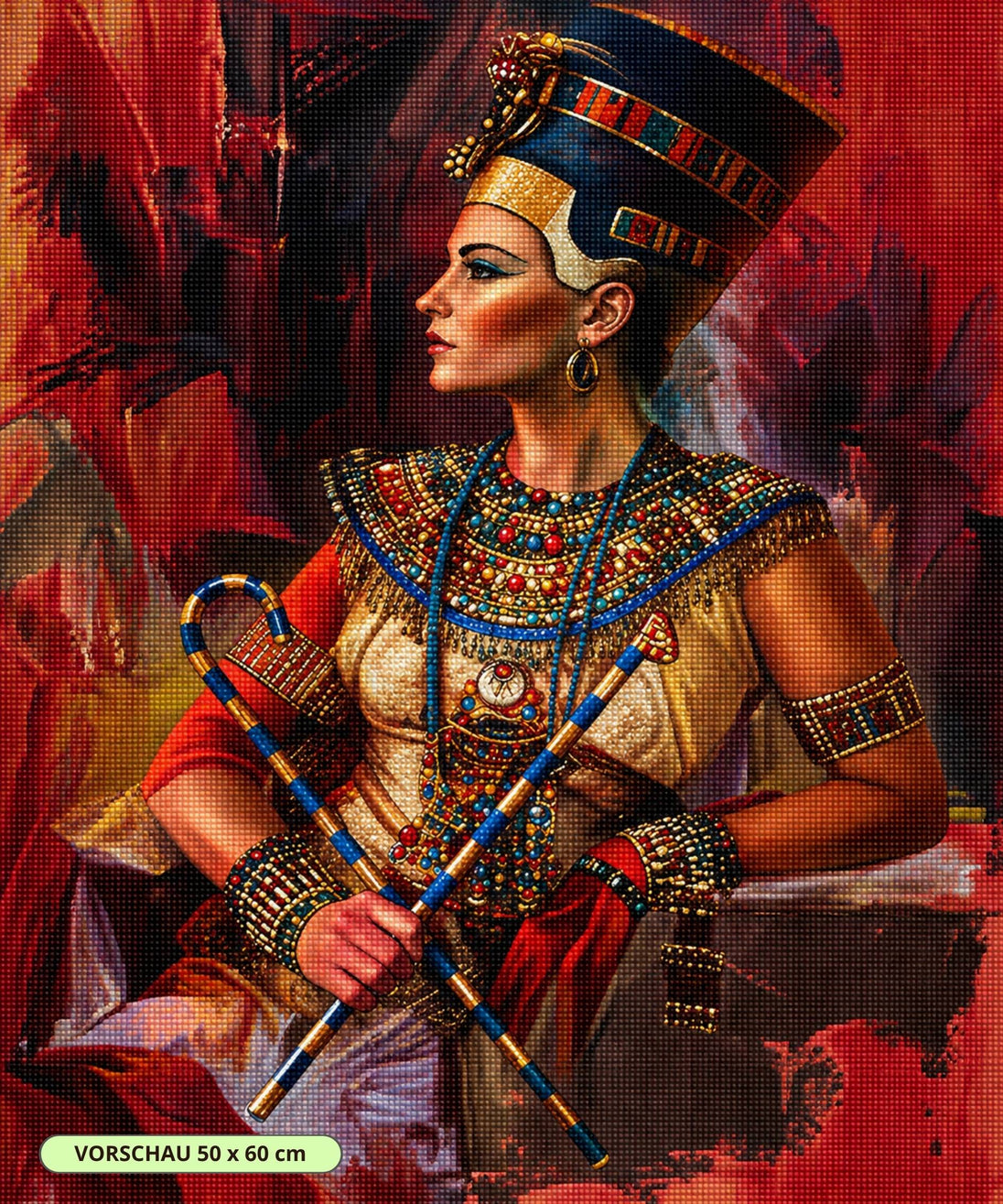 Diamond Painting der Königin Nefertiti mit prachtvollem Schmuck und Krone vor rötlichem Hintergrund. Mockup.