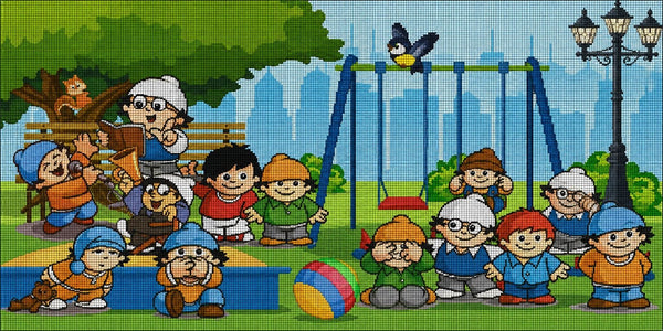 Diamond Painting kleiner Cartoon-Wichtel beim Spielen auf einem bunten Spielplatz mit Schaukel und Baum. Mockup.