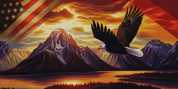 Diamond Painting eines Weißkopfseeadlers im Flug vor schneebedeckten Bergen im Abendrot. Mockup.