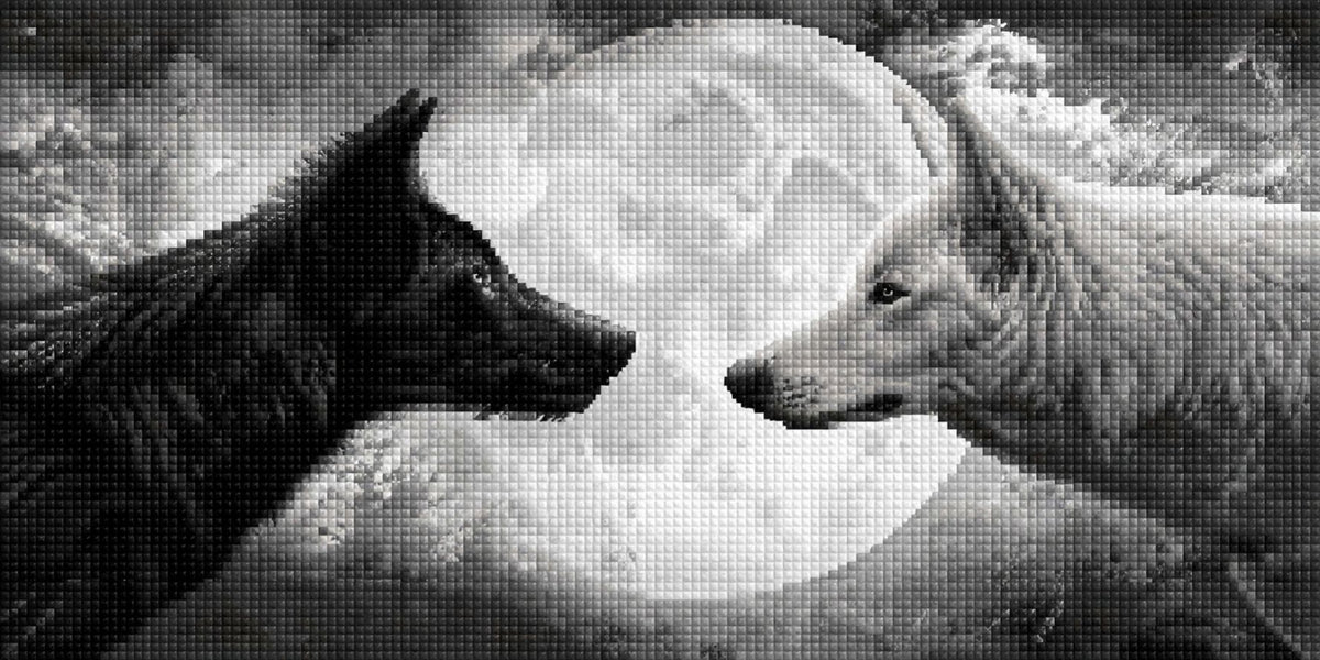 Diamond Painting eines schwarzen und eines weißen Wolfes im Profil vor einem großen Vollmond. Mockup.