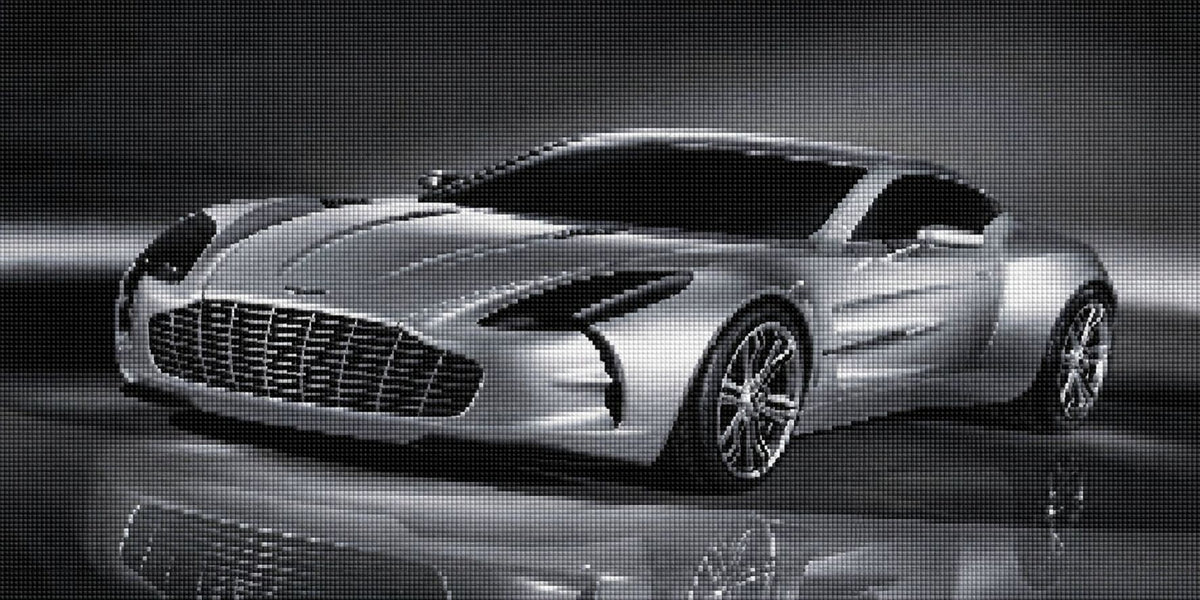 Diamond Painting eines silbernen Luxus-Sportwagens in einer dunklen Studio-Umgebung mit Lichtreflexen. Mockup.