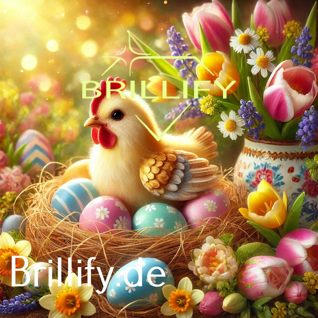 Diamond Painting mit Huhn im Nest, bemalten Ostereiern und Tulpen im warmen Frühlingslicht
