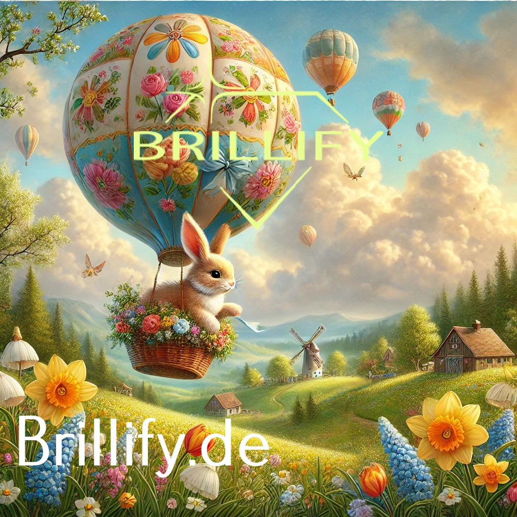Diamond Painting mit Häschen im Blumen-Heißluftballon über Frühlingswiese mit Narzissen und Wolken