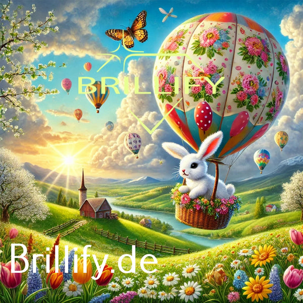 Diamond Painting mit weißem Hasen im Heißluftballon bei Sonnenaufgang über Tulpenwiese und Tal