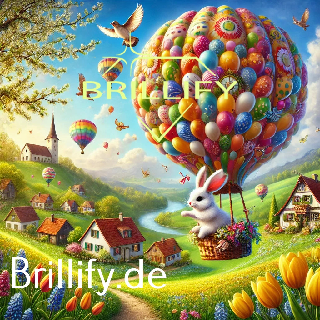 Diamond Painting mit Hase im Korb und Heißluftballon aus vielen bunten Ostereiern über einem Dorf