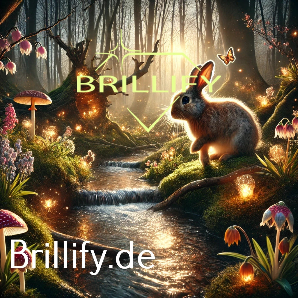 Diamond Painting mit Kaninchen am Wald-Bachlauf, Wasser über Steine, warmes Gegenlicht und kleine Lichtfunken
