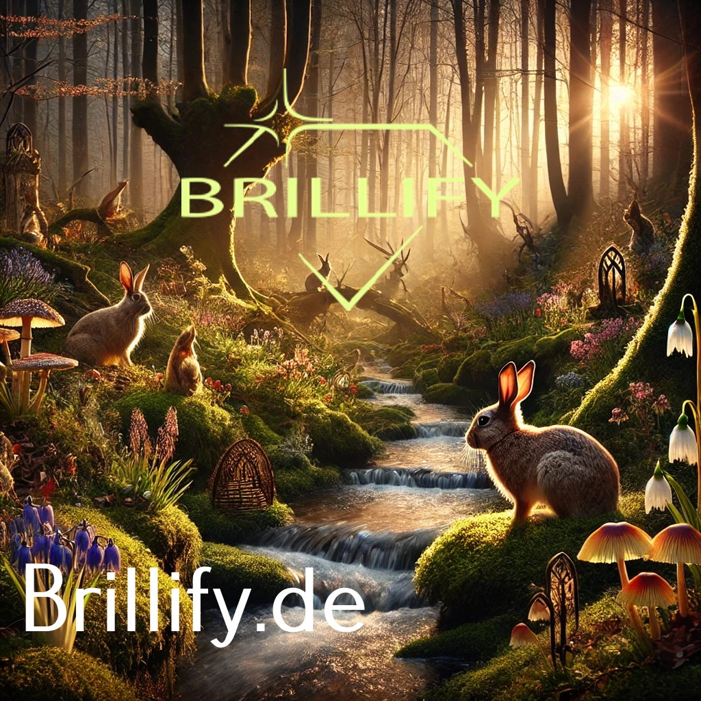 Diamond Painting mit mehreren Hasen an einem kleinen Bach im Wald, moosige Ufer, Abendsonne und Frühlingsblüten