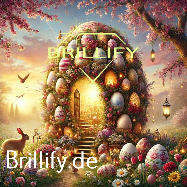 Diamond Painting mit Osterei-Haus aus verzierten Eiern, Kirschblüten, warmem Eingangslicht und Hasen im Garten