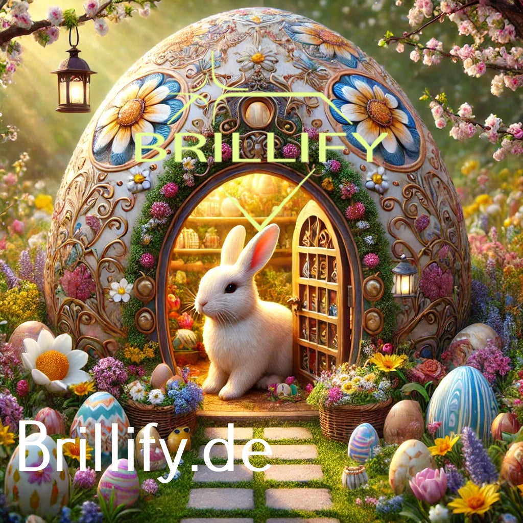 Diamond Painting mit weißem Hasen vor verziertem Osterei-Cottage, offener Tür, Blumen und bemalten Eiern im Garten