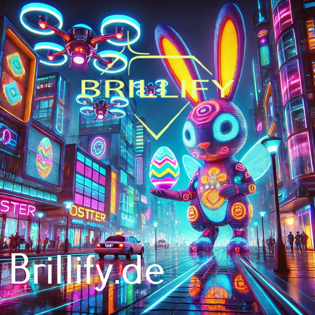 Diamond Painting mit leuchtendem Roboterhasen in Cyberpunk-Stadt, Drohnen, Neonlichtern und Osterei in der Hand