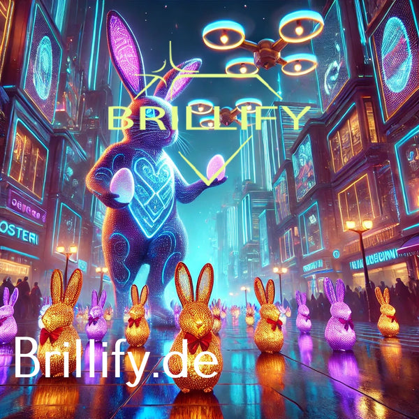 Diamond Painting mit riesigem Neonhasen in futuristischer Stadt, goldenen Hasenfiguren und Drohnen über der Straße