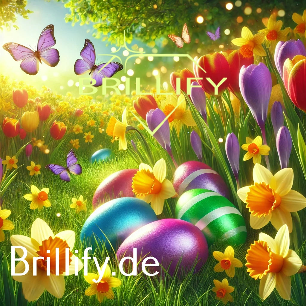Diamond Painting mit Ostereiern im Gras, Narzissen und Tulpen, Krokussen und violetten Schmetterlingen im Sonnenlicht