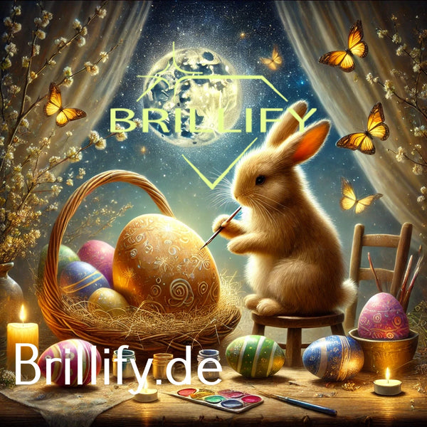 Diamond Painting mit Hasen beim Eierbemalen, Farbnäpfchen, Ostereiern und großem Ei im Korb unter Vollmond