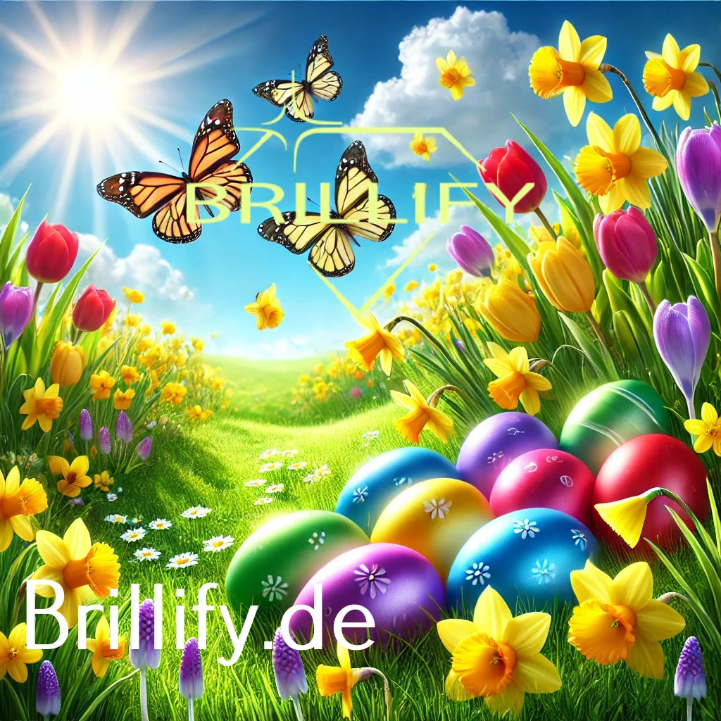 Diamond Painting mit bunten Ostereiern, Narzissen, Tulpen und Schmetterlingen auf einer sonnigen Wiese