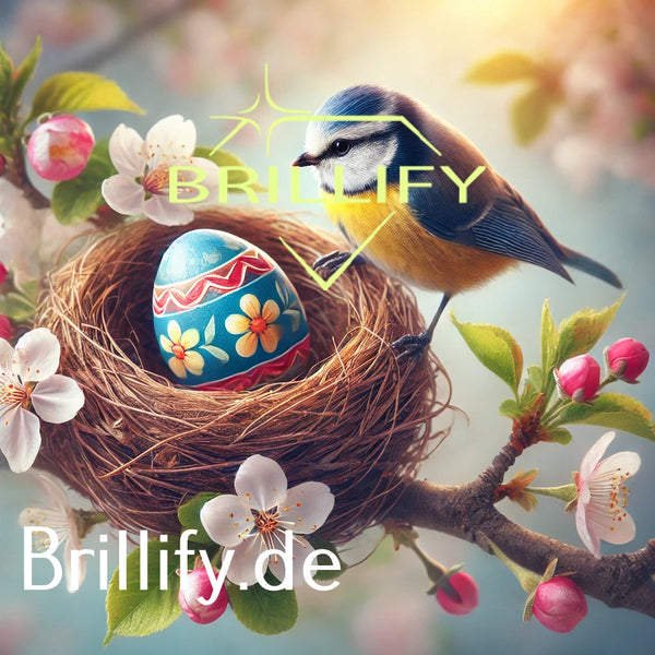 Diamond Painting einer Blaumeise am Nest mit bemaltem Osterei und Kirschblüten im weichen Licht