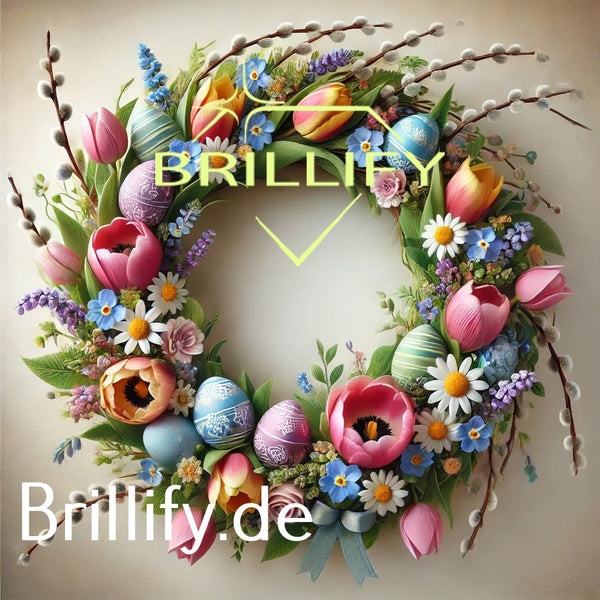 Diamond Painting mit Frühlingskranz aus Tulpen, Margeriten, Vergissmeinnicht, Weidenkätzchen und pastelligen Ostereiern