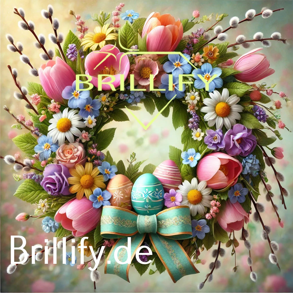 Diamond Painting eines Blumenkranzes mit Tulpen, Margeriten, Weidenkätzchen und dekorierten Ostereiern