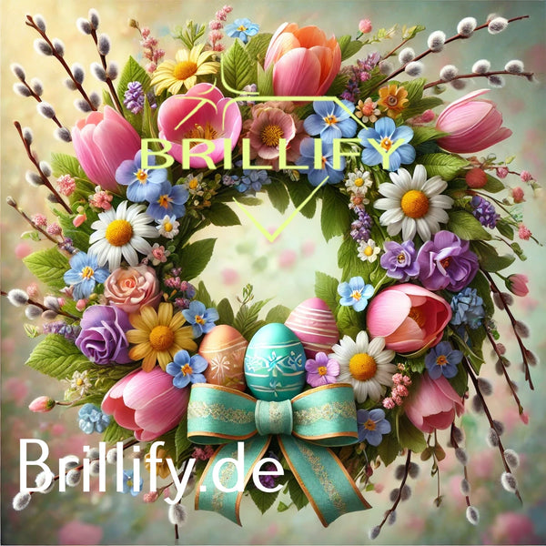 Diamond Painting eines Blumenkranzes mit Tulpen, Margeriten, Weidenkätzchen und dekorierten Ostereiern