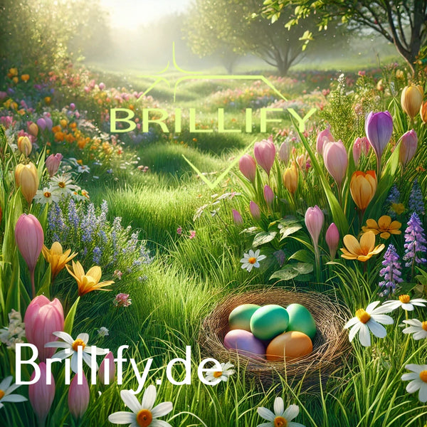 Diamond Painting eines Osternests mit pastelligen Eiern im Gras, umgeben von Tulpen und Margariten