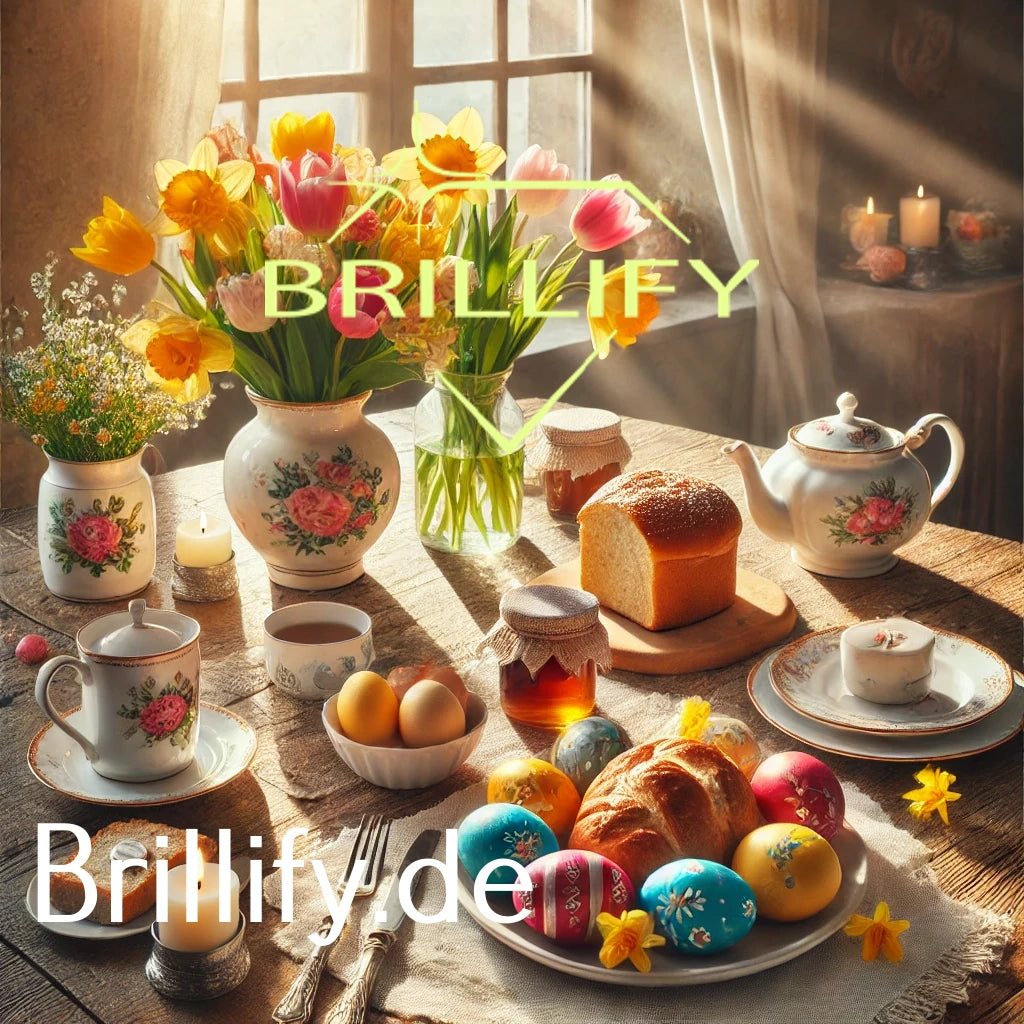 Diamond Painting eines Osterfrühstücks mit bunten Eiern, Tulpen, Brot und Teegeschirr im Sonnenlicht am Fenster