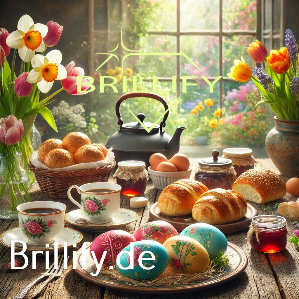 Diamond Painting eines Teetisches mit Teekanne, Tassen, Brötchen, Marmelade und bunten Ostereiern vor Fensterblick