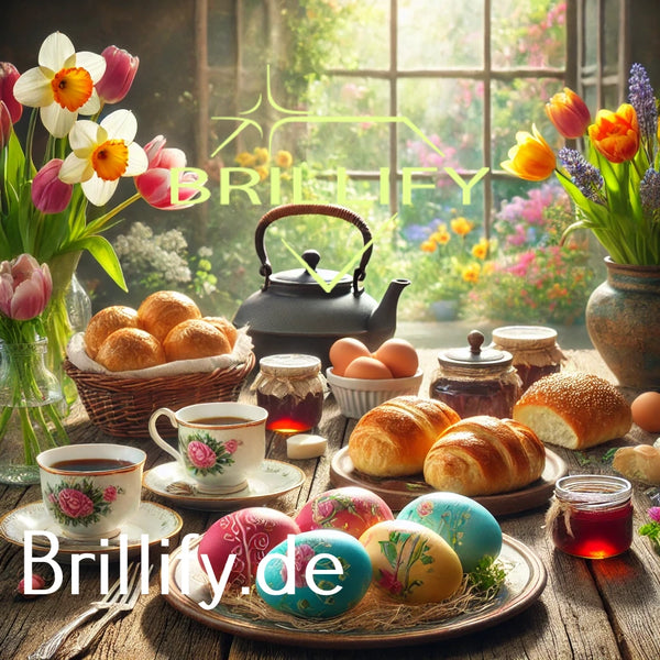 Diamond Painting eines Teetisches mit Teekanne, Tassen, Brötchen, Marmelade und bunten Ostereiern vor Fensterblick