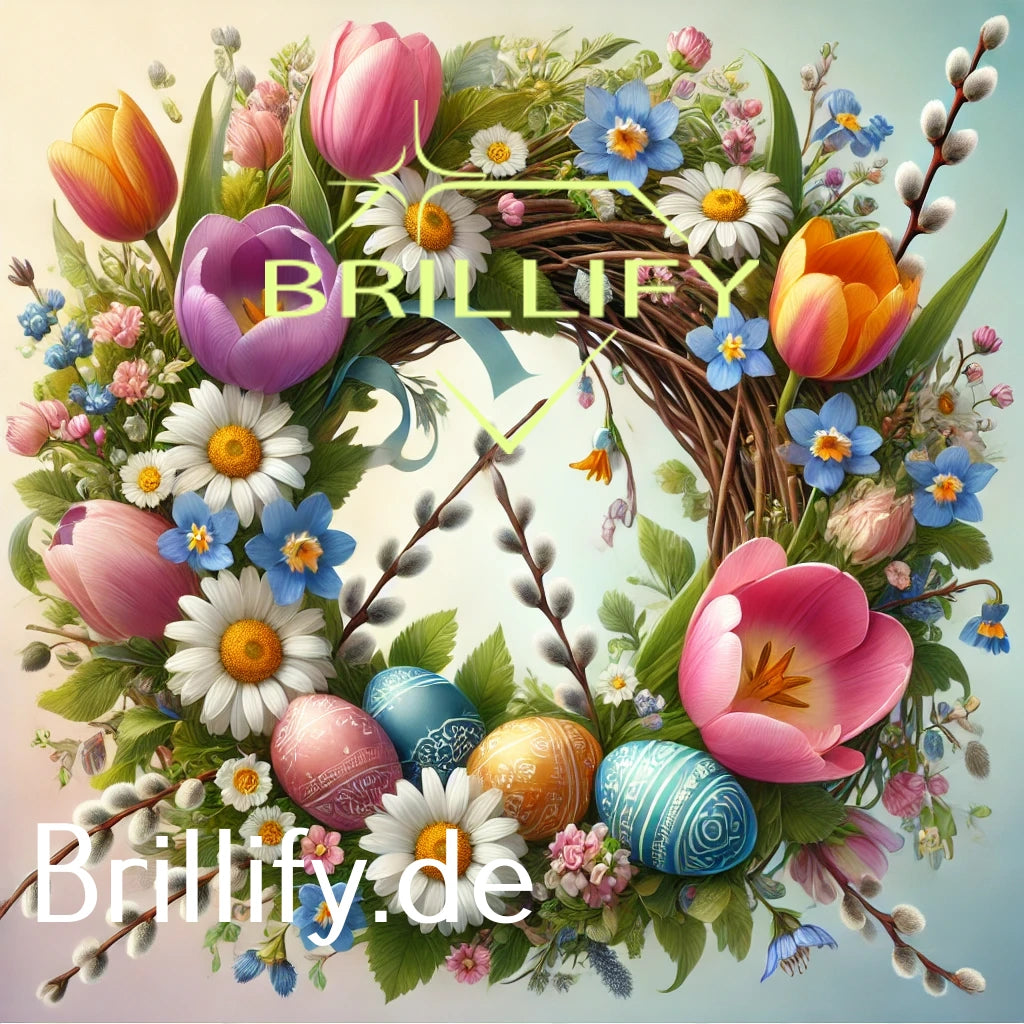 Diamond Painting eines hellen Pastell-Blumenkranzes mit Tulpen, Margariten und verzierten Ostereiern am unteren Rand