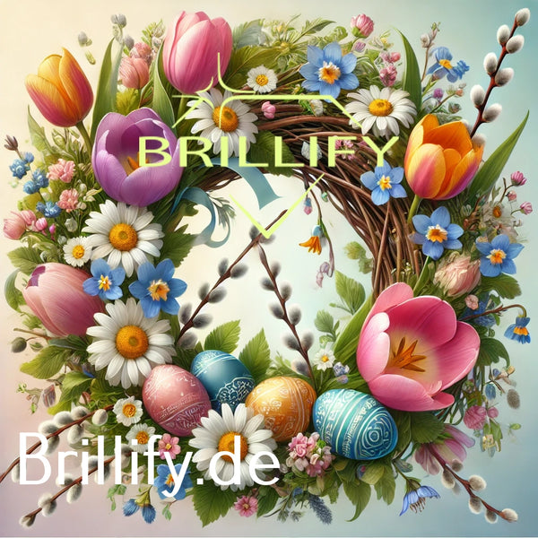 Diamond Painting eines hellen Pastell-Blumenkranzes mit Tulpen, Margariten und verzierten Ostereiern am unteren Rand