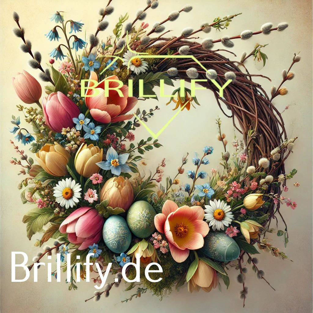 Diamond Painting eines vintageartigen Weidenkranzes mit Tulpen, Wiesenblüten und dezenten Ostereiern in Salbeigrün