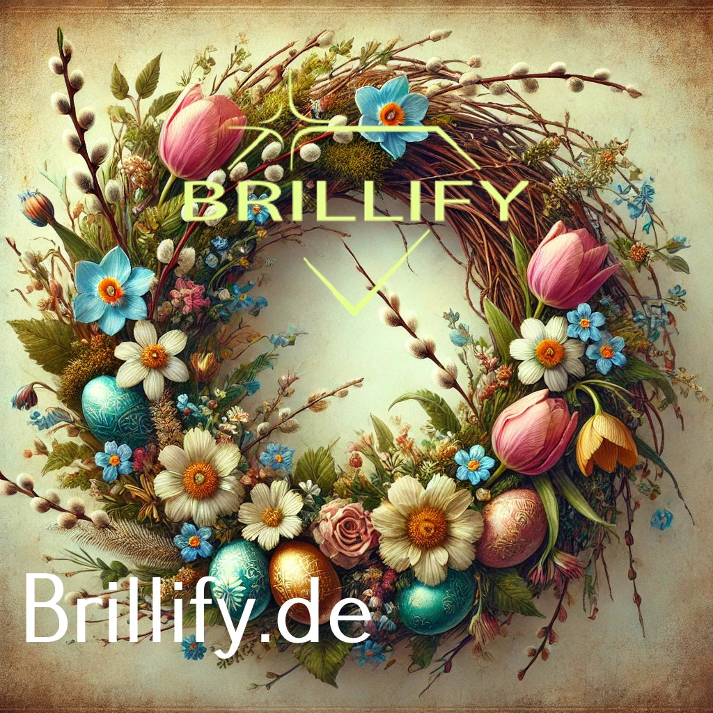 Diamond Painting eines blaugrünen Osterkranzes mit Tulpen, blauen Blüten und dekorativen Eiern in Türkis und Kupfer