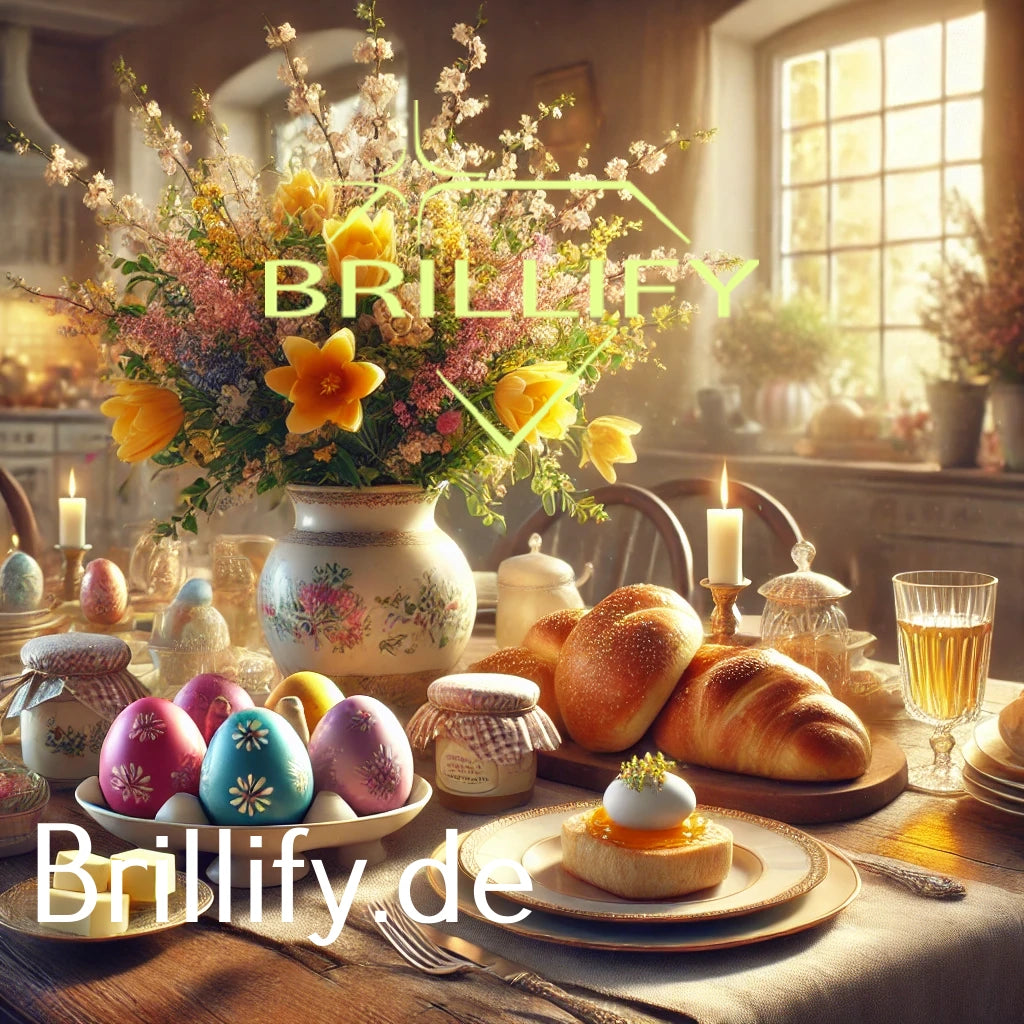 Diamond Painting eines Osterbrunch-Stilllebens mit Blumenstrauß, Brot, Kerzen und bemalten Eiern auf einem Holztisch