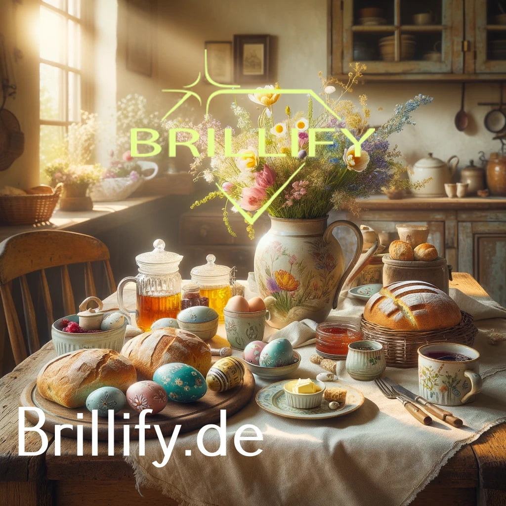 Diamond Painting mit Brot, Honig, Wiesenblumen in Keramikkanne und bemalten Ostereiern im Fensterlicht