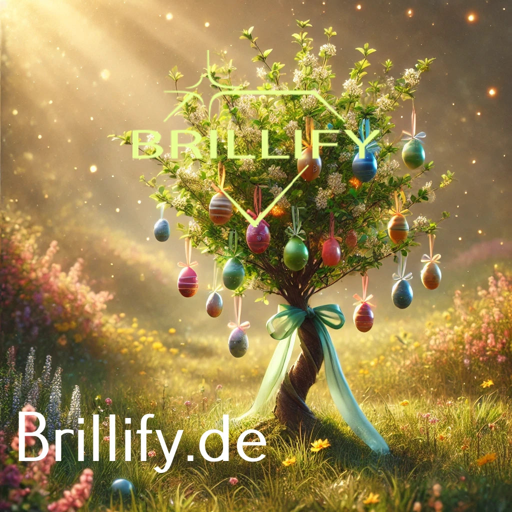 Diamond Painting eines Osterbaums mit vielen hängenden Ostereiern an bunten Bändern auf einer sonnigen Frühlingswiese