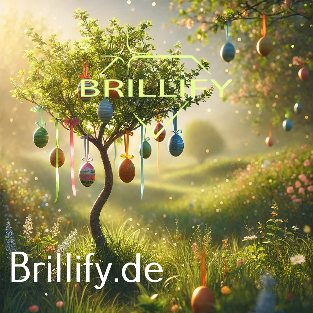 Diamond Painting eines frühlingshaften Baums mit hängenden Ostereiern an Bändern in weichem Morgenlicht und Blumenwiese