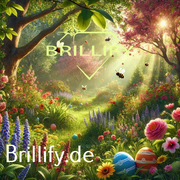 Diamond Painting eines blühenden Frühlingsgartens mit Bienen im Sonnenlicht und dekorierten Ostereiern im Gras