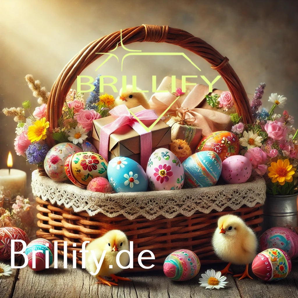 Diamond Painting eines Osterkorbs mit bunten Eiern, kleinen Geschenken, Frühlingsblumen und zwei Küken im warmen Licht