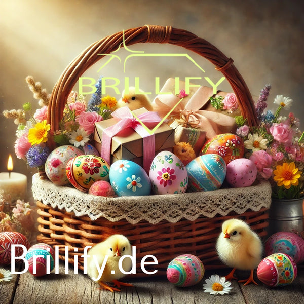 Diamond Painting eines Osterkorbs mit bunten Eiern, kleinen Geschenken, Frühlingsblumen und zwei Küken im warmen Licht