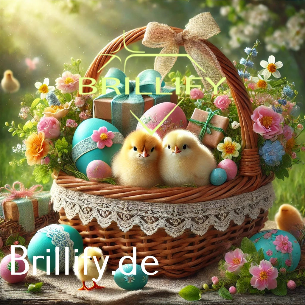 Diamond Painting eines Pastell-Osterkorbs mit zwei Küken, großen Eiern und Geschenkboxen im weichen Licht