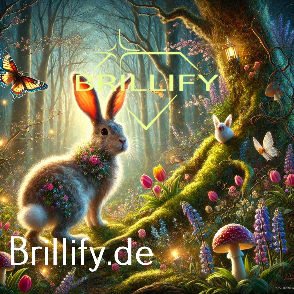 Diamond Painting mit Hasen im Blütenschmuck im leuchtenden Wald, Schmetterlingen, Blumen und sanften Lichtpunkten