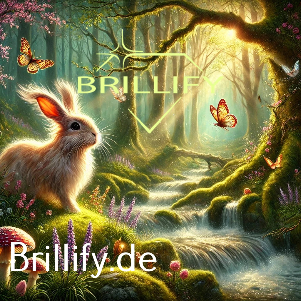 Diamond Painting mit Waldhase am Wasserfall, Moos, Pilzen und orangefarbenen Schmetterlingen im lichtdurchfluteten Wald