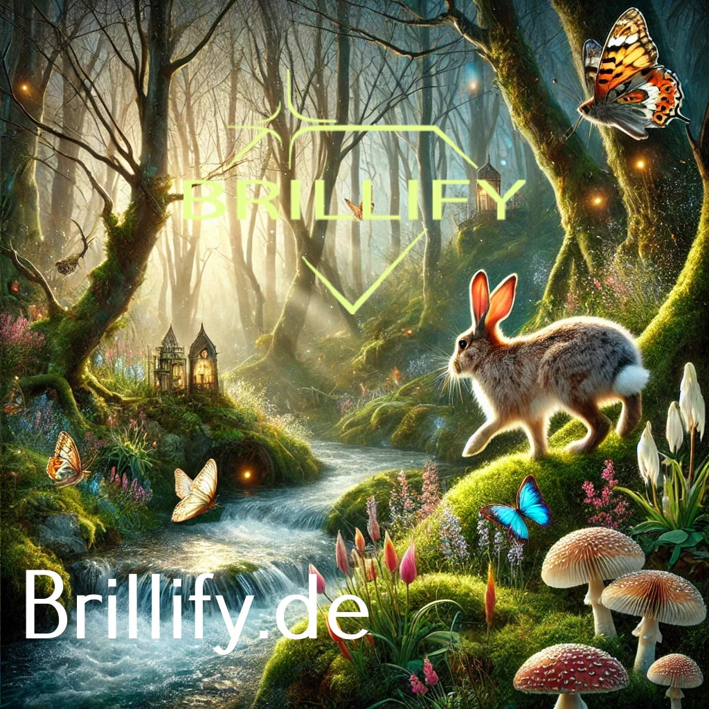 Diamond Painting mit Hase am Bachlauf im moosigen Wald, Pilzen und bunten Schmetterlingen bei warmem Gegenlicht
