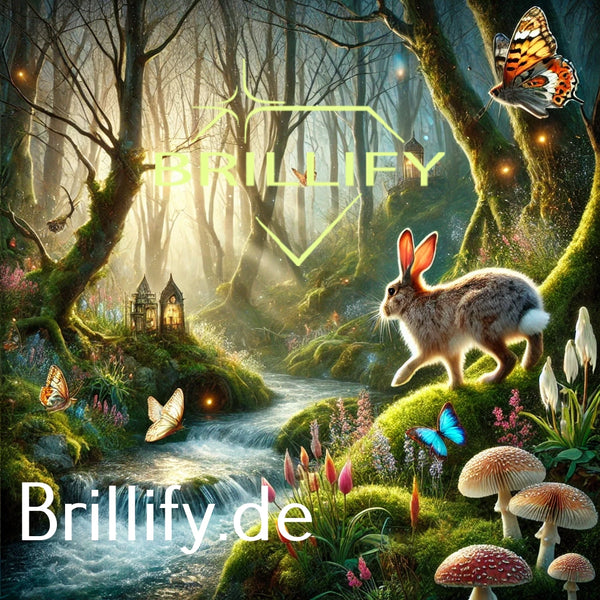 Diamond Painting mit Hase am Bachlauf im moosigen Wald, Pilzen und bunten Schmetterlingen bei warmem Gegenlicht